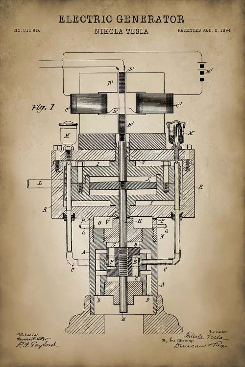 Tesla Electric Generator, Beige by PatentPrintStore wall art