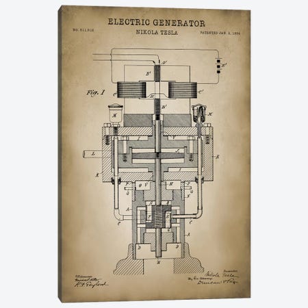 Tesla Electric Generator, Beige Canvas Print #PAT130} by PatentPrintStore Canvas Wall Art