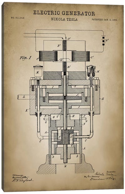 Tesla Electric Generator, Beige Canvas Art Print - PatentPrintStore