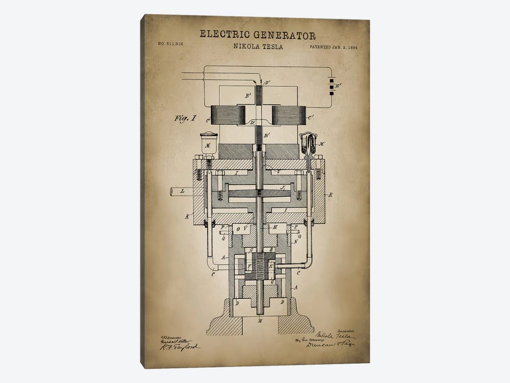 Tesla Electric Generator, Beige by PatentPrintStore 1-piece Canvas Art