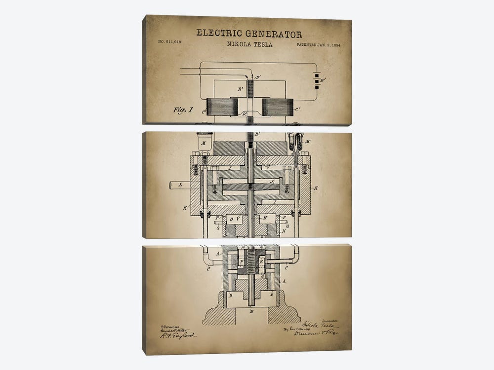 Tesla Electric Generator, Beige by PatentPrintStore 3-piece Canvas Wall Art