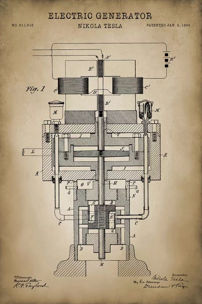 Engineering & Machinery Blueprints: Tesla Electric Generator, Beige by PatentPrintStore