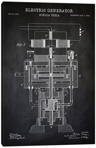 Tesla Electric Generator, Black Canvas Art Print - Blueprints & Patent Sketches