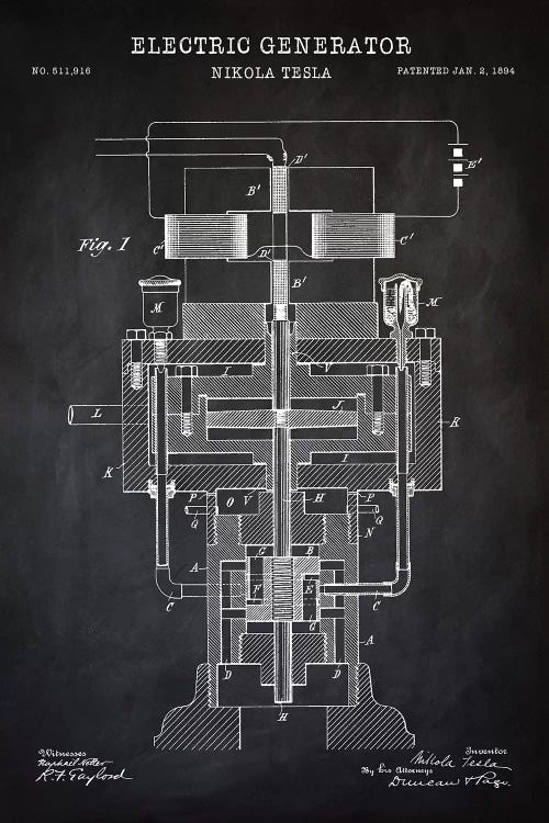 Tesla Electric Generator, Black by PatentPrintStore wall art