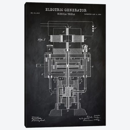 Tesla Electric Generator, Black Canvas Print #PAT131} by PatentPrintStore Canvas Wall Art