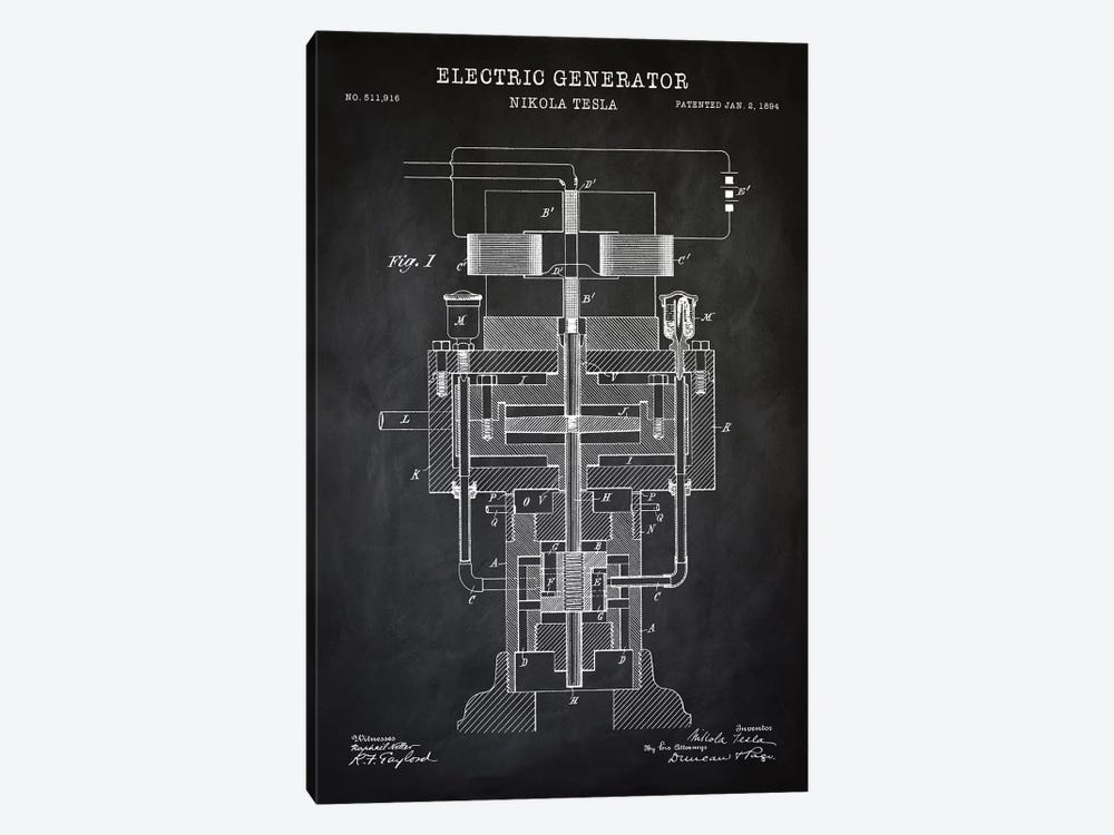 Tesla Electric Generator, Black by PatentPrintStore 1-piece Canvas Print