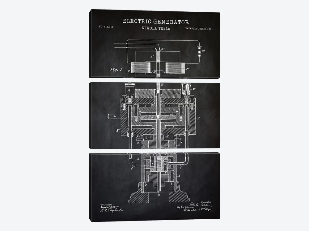 Tesla Electric Generator, Black by PatentPrintStore 3-piece Canvas Art Print
