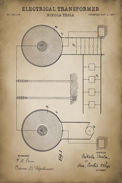 Tesla Electrical Transformer, Beige by PatentPrintStore wall art