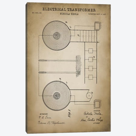 Tesla Electrical Transformer, Beige Canvas Print #PAT132} by PatentPrintStore Canvas Artwork