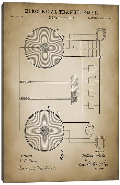 Tesla Electrical Transformer, Beige Canvas Art Print - Engineering & Machinery Blueprints