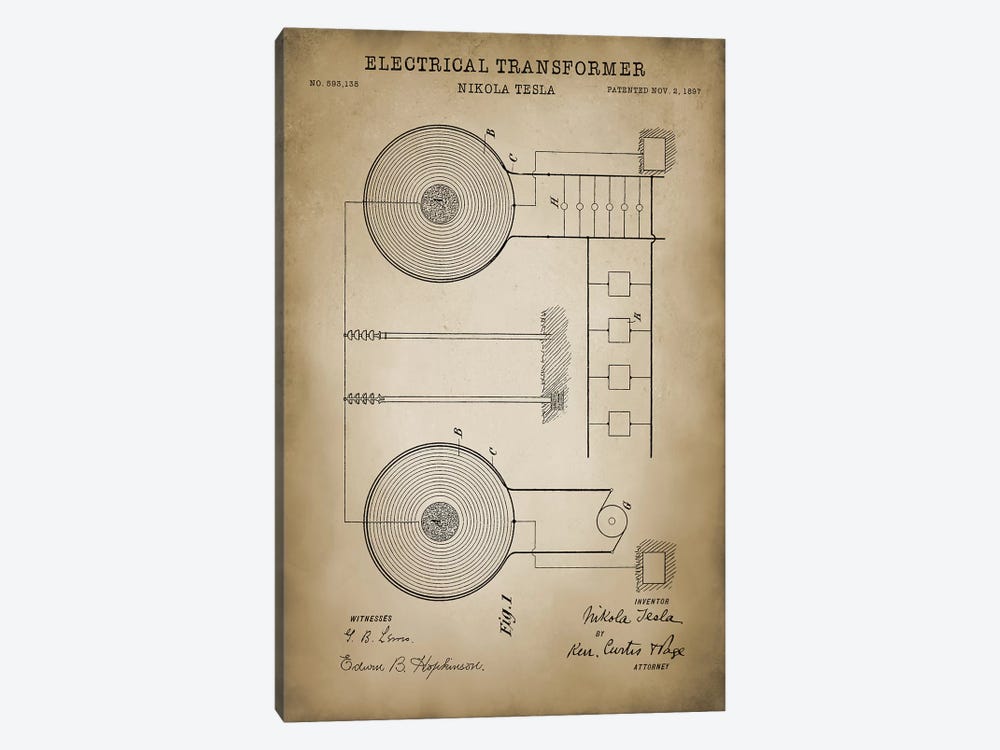 Tesla Electrical Transformer, Beige by PatentPrintStore 1-piece Canvas Wall Art
