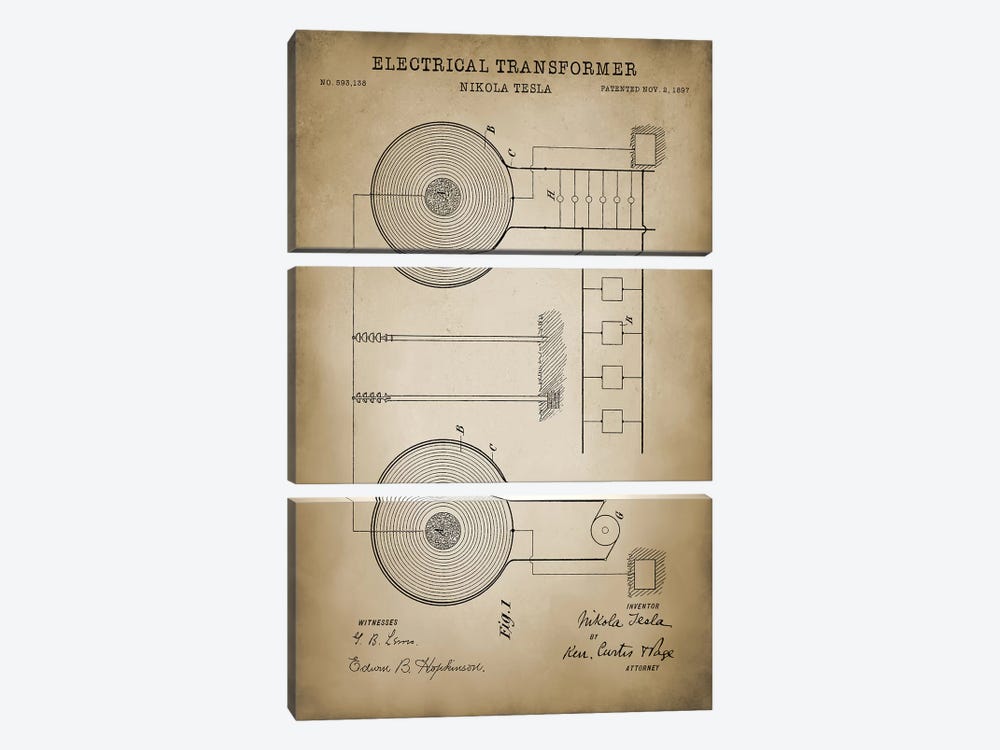 Tesla Electrical Transformer, Beige by PatentPrintStore 3-piece Canvas Art