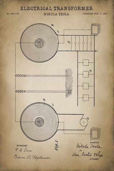 Engineering & Machinery Blueprints: Tesla Electrical Transformer, Beige by PatentPrintStore