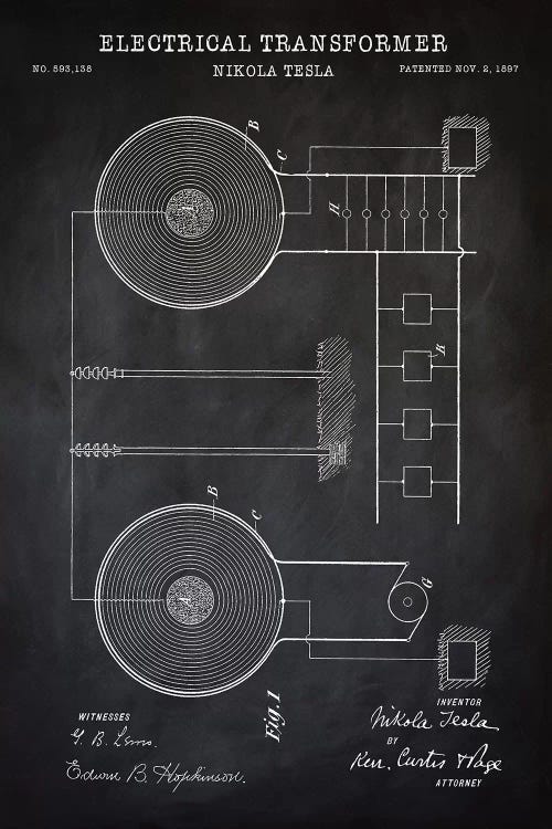 Tesla Electrical Transformer, Black by PatentPrintStore wall art