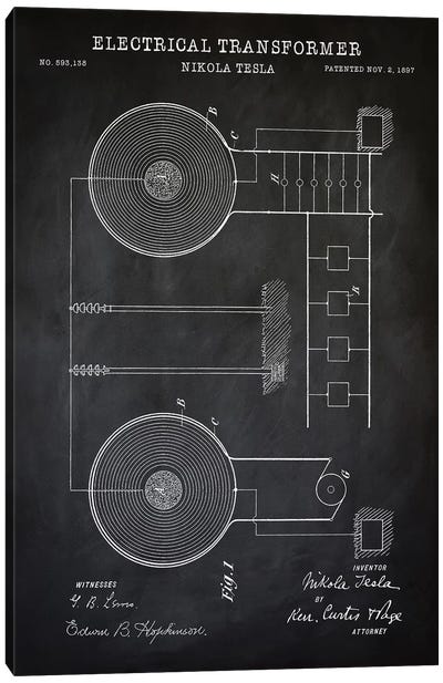 Tesla Electrical Transformer, Black Canvas Art Print - Electronics & Communication Blueprints