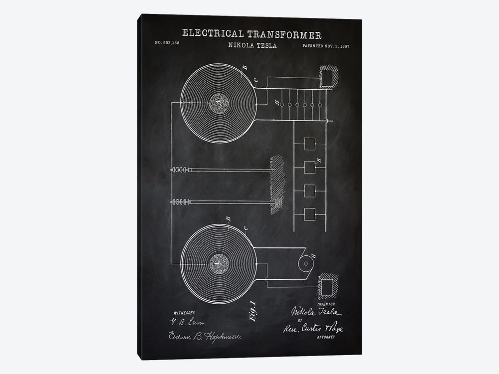 Tesla Electrical Transformer, Black by PatentPrintStore 1-piece Art Print