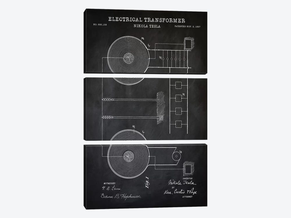 Tesla Electrical Transformer, Black by PatentPrintStore 3-piece Art Print