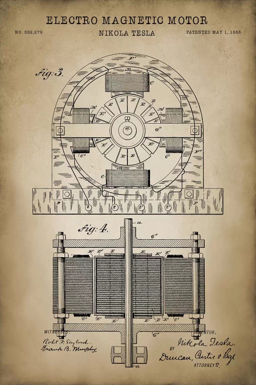 Tesla Electro Magnetic Motor, Beige by PatentPrintStore wall art