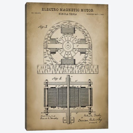Tesla Electro Magnetic Motor, Beige Canvas Print #PAT134} by PatentPrintStore Canvas Print