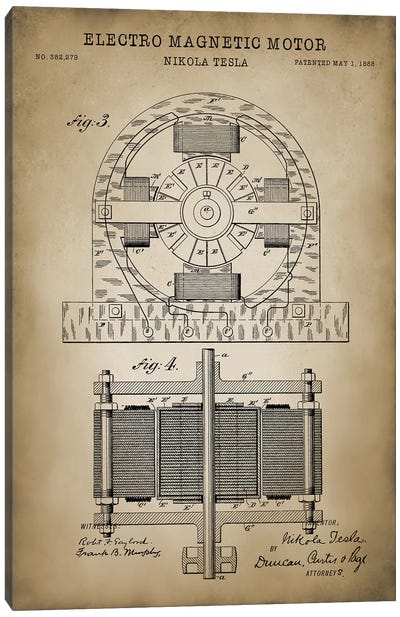 Tesla Electro Magnetic Motor, Beige Canvas Art Print - Engineering & Machinery Blueprints