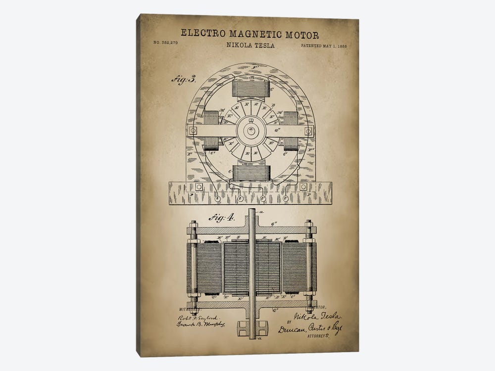 Tesla Electro Magnetic Motor, Beige by PatentPrintStore 1-piece Canvas Art