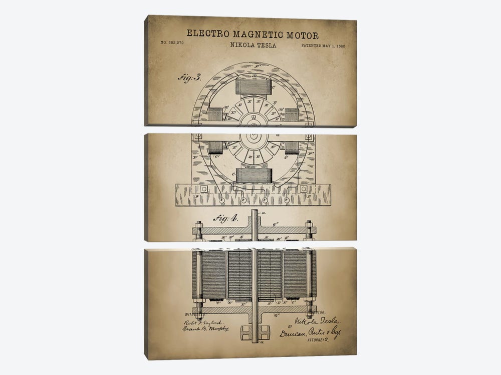 Tesla Electro Magnetic Motor, Beige by PatentPrintStore 3-piece Canvas Art