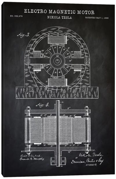 Tesla Electro Magnetic Motor, Black Canvas Art Print - Engineering & Machinery Blueprints