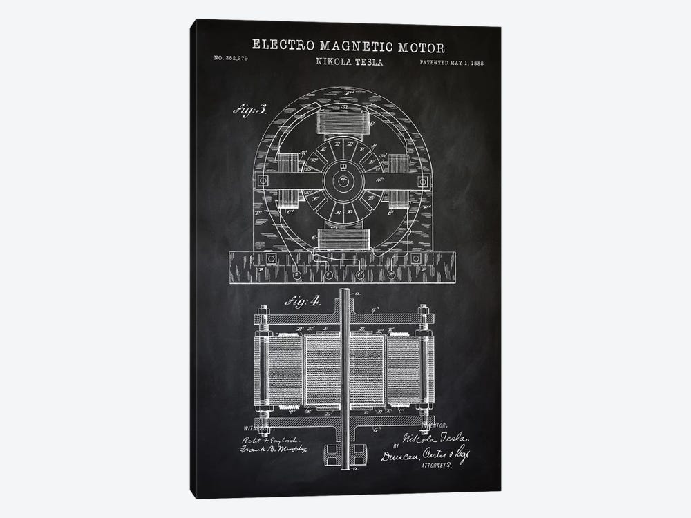 Tesla Electro Magnetic Motor, Black by PatentPrintStore 1-piece Canvas Art Print