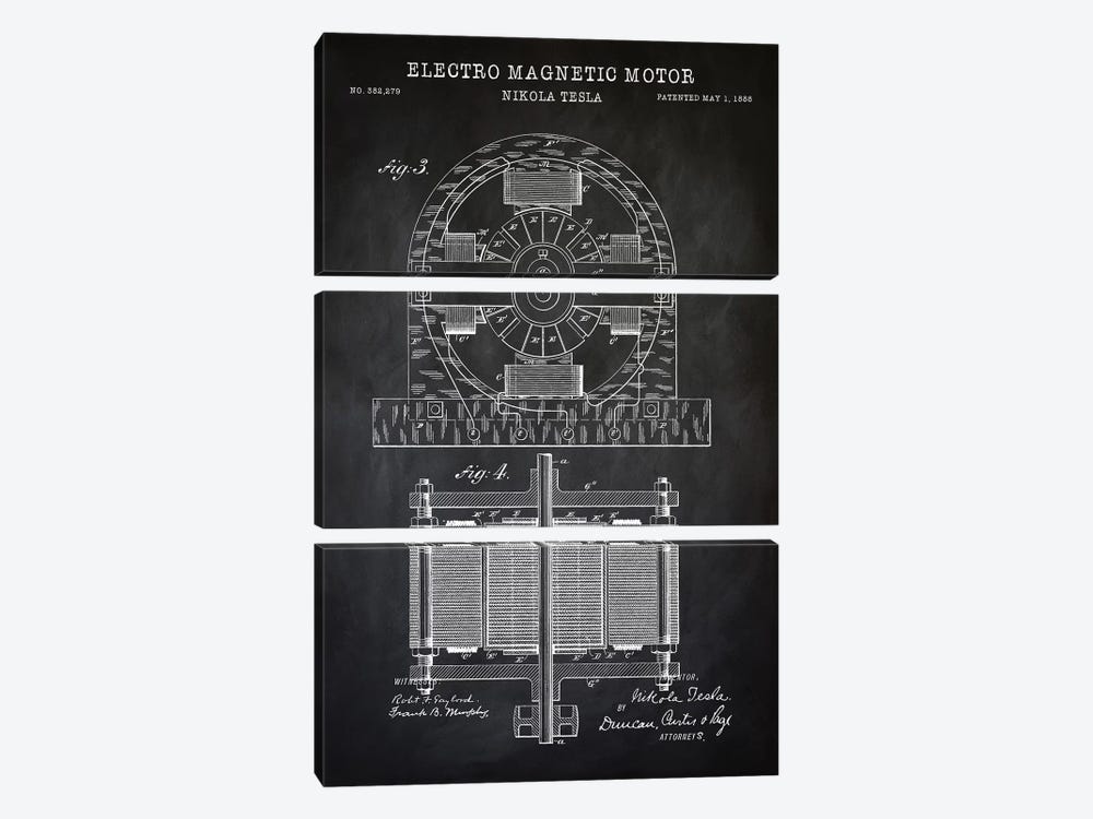 Tesla Electro Magnetic Motor, Black by PatentPrintStore 3-piece Canvas Art Print
