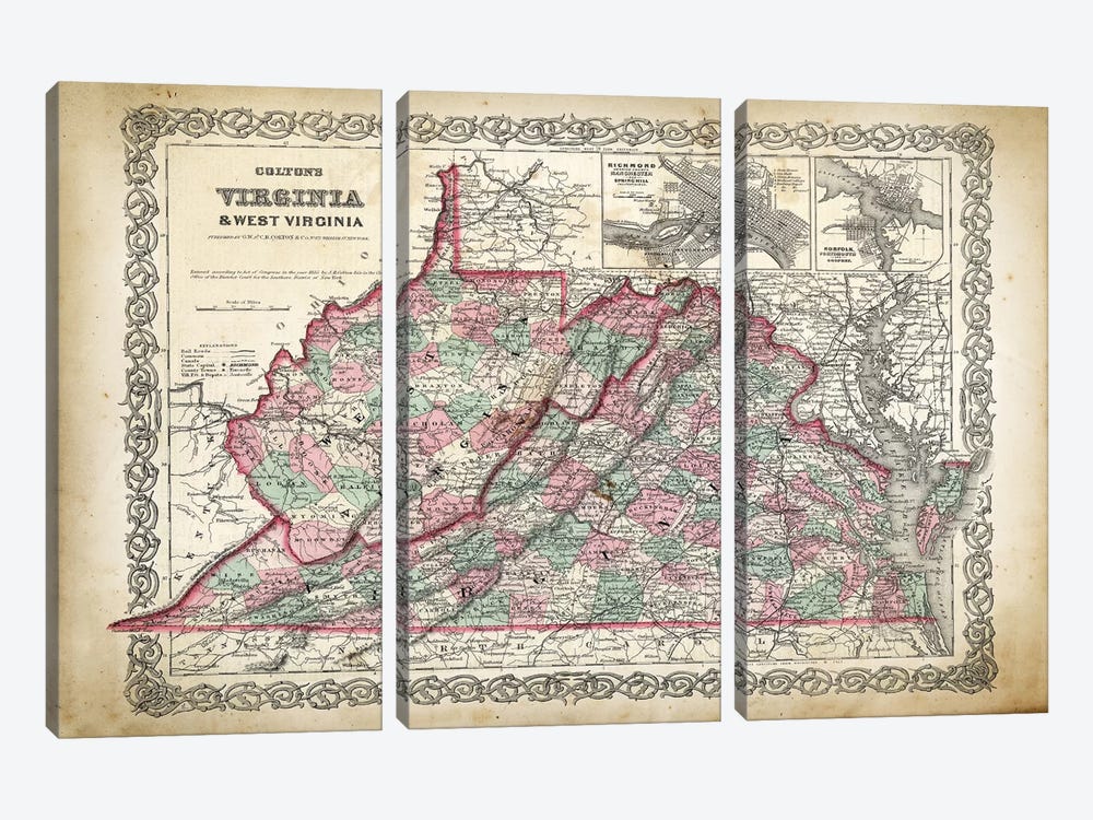 West Virginia Map by PatentPrintStore 3-piece Canvas Wall Art