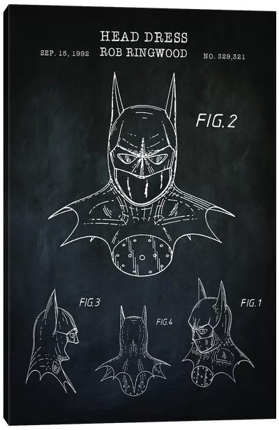 Batman Cowl, Black Canvas Art Print - PatentPrintStore