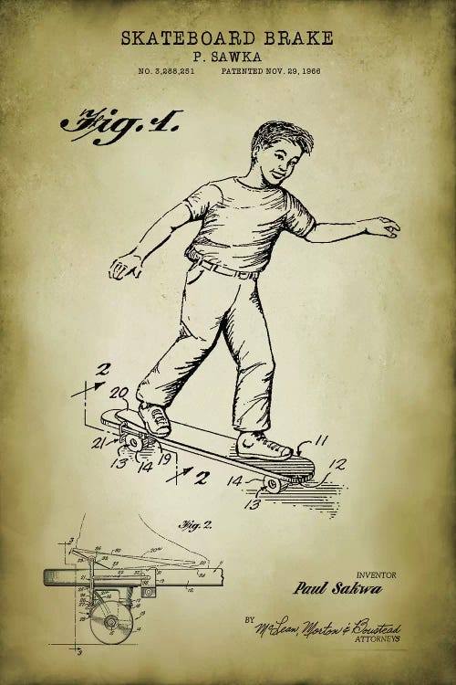 Skateboard Brake by PatentPrintStore wall art