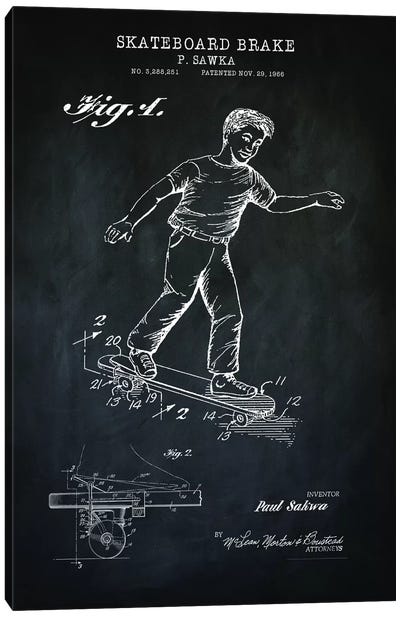 Skateboard Brake, Black Canvas Art Print - PatentPrintStore