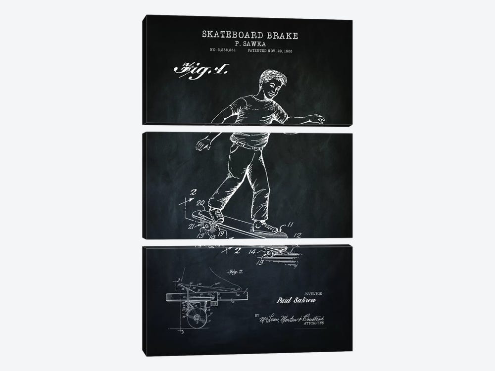 Skateboard Brake, Black by PatentPrintStore 3-piece Canvas Art Print