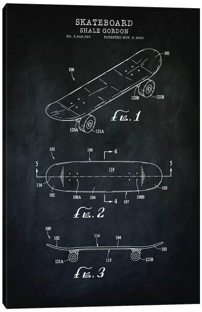 Skateboard, Black Canvas Art Print - Blueprints & Patent Sketches