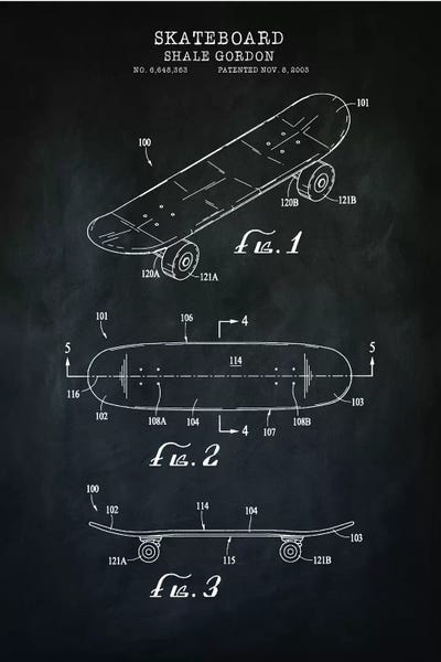 Blueprints & Patent Sketches: Skateboard, Black by PatentPrintStore