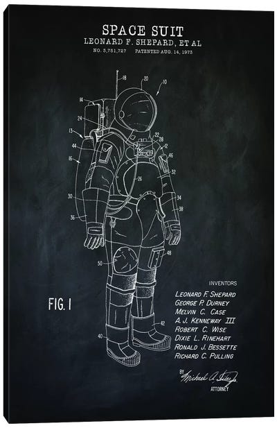 Spacesuit I, Black Canvas Art Print - PatentPrintStore