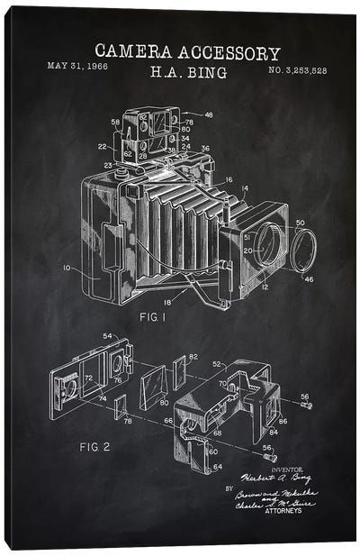 Camera Accessory, Black Canvas Art Print - PatentPrintStore