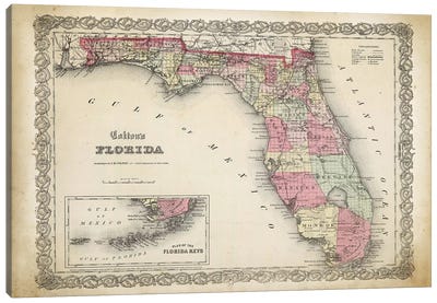 Florida Map, 1863 Canvas Art Print - North America Art