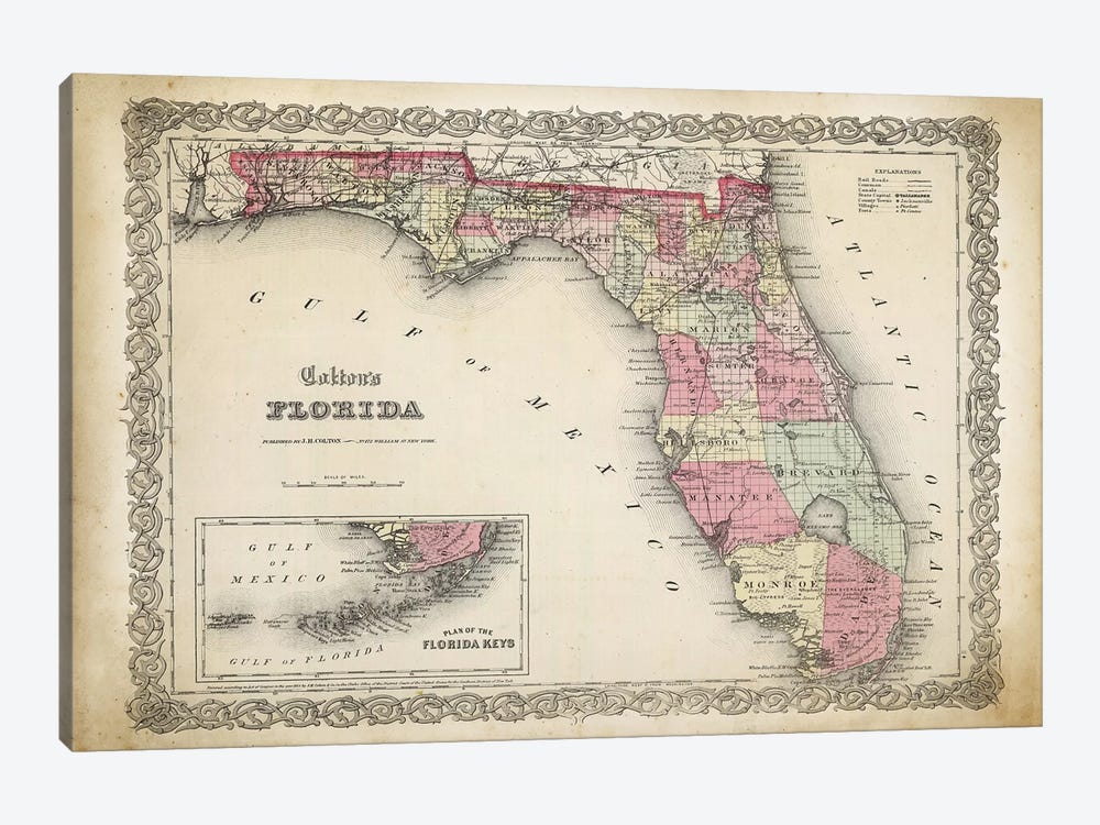 Florida Map, 1863 by PatentPrintStore 1-piece Canvas Print
