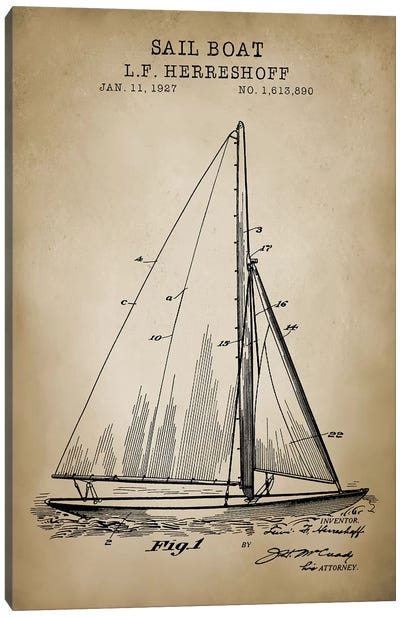 Nautical, Sailboat Canvas Art Print - Nautical Blueprints