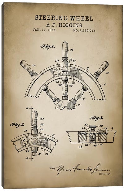 Nautical, Steering Wheel Canvas Art Print - Nautical Blueprints