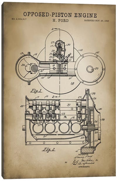 Opposed-Piston Engine Canvas Art Print - Engineering & Machinery Blueprints