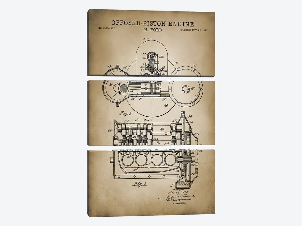 Opposed-Piston Engine by PatentPrintStore 3-piece Canvas Art