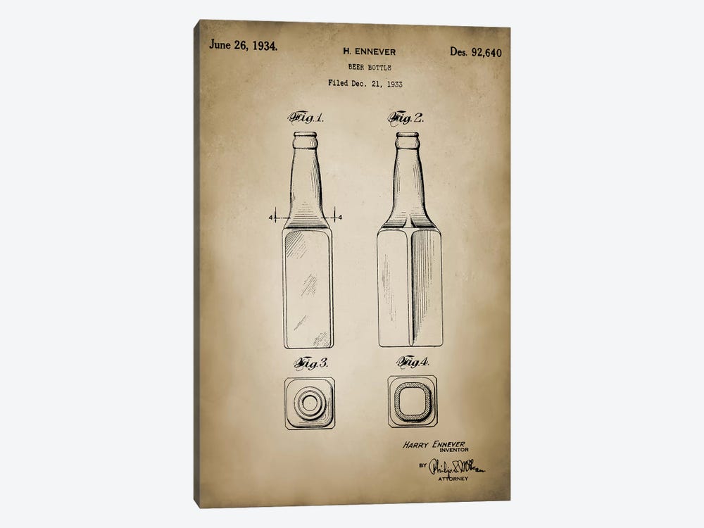 Beer Bottle by PatentPrintStore 1-piece Canvas Art Print
