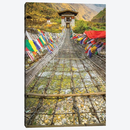 Bhutan Iron Bridge With Prayer Flags Canvas Print #PAU132} by Mark Paulda Canvas Art Print