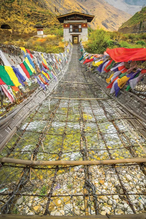 Bhutan Iron Bridge With Prayer Flags