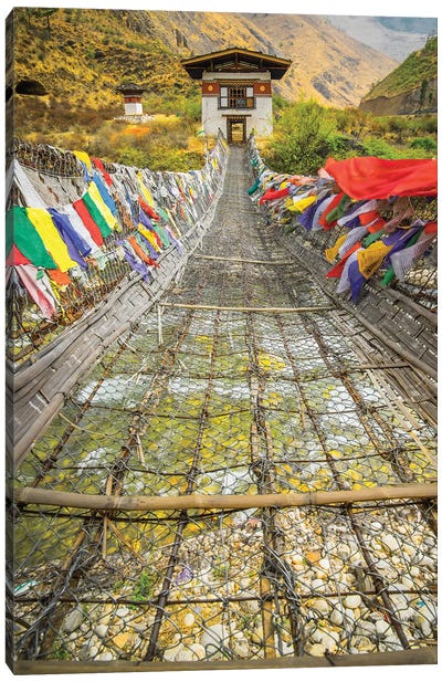 Bhutan Iron Bridge With Prayer Flags Canvas Art Print - Bhutan
