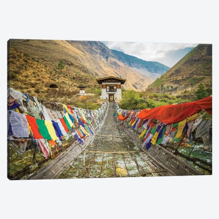 Bhutan Iron Bridge And Prayer Flags Canvas Print #PAU39} by Mark Paulda Canvas Wall Art