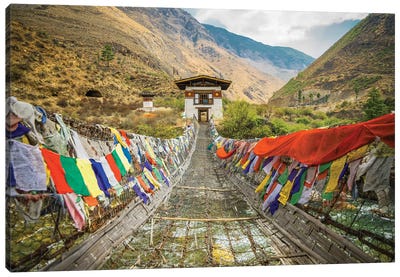 Bhutan Iron Bridge And Prayer Flags Canvas Art Print - Mark Paulda